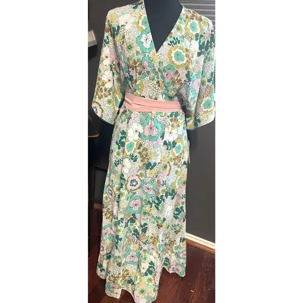 NWT Unique Vintage Mint Pink Floral Mod Maxi Wrap Dress Retro 60s 70s Size S/4